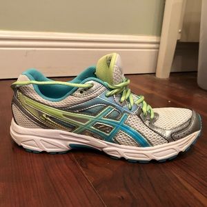 ASICS teal, lime, and white tennis shoes size 8.5